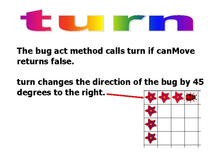 The bug act method calls turn if can. Move returns false. turn changes the