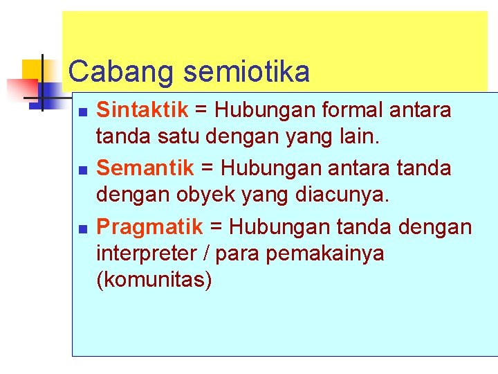 Cabang semiotika n n n Sintaktik = Hubungan formal antara tanda satu dengan yang