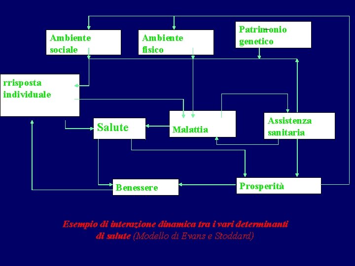  Ambiente sociale Ambiente fisico Patrimonio genetico rrisposta individuale Salute Benessere Malattia Assistenza sanitaria