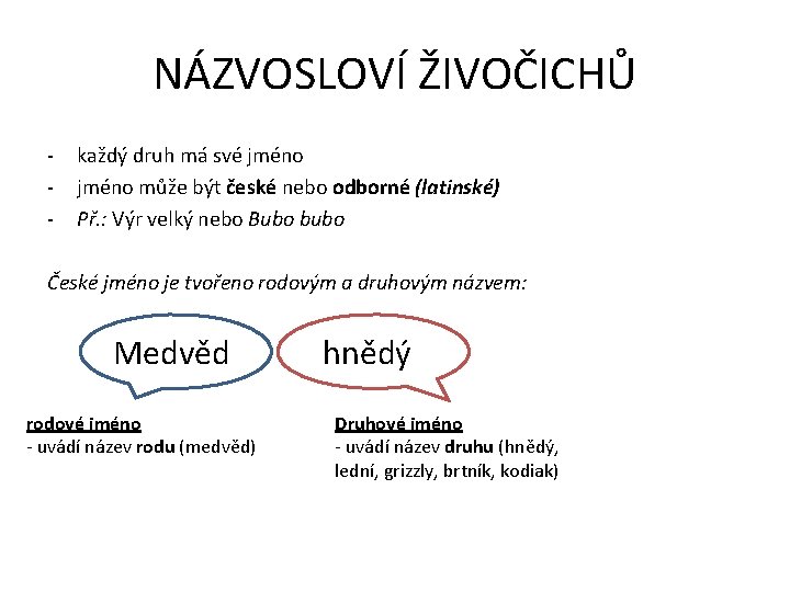 NÁZVOSLOVÍ ŽIVOČICHŮ - každý druh má své jméno může být české nebo odborné (latinské)