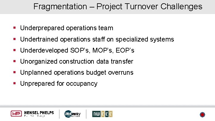 Fragmentation – Project Turnover Challenges § Underprepared operations team § Undertrained operations staff on