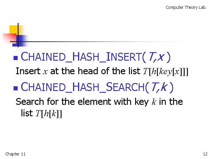 Computer Theory Lab. n CHAINED_HASH_INSERT(T, x ) Insert x at the head of the