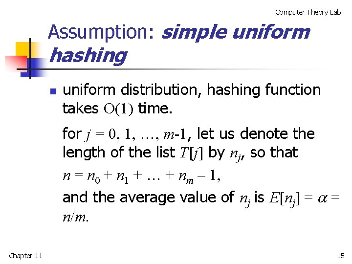 Computer Theory Lab. Assumption: simple uniform hashing n uniform distribution, hashing function takes O(1)