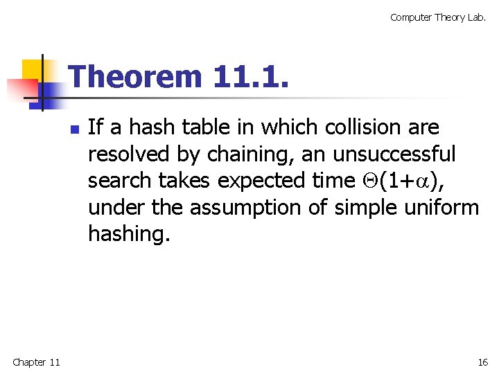 Computer Theory Lab. Theorem 11. 1. n Chapter 11 If a hash table in