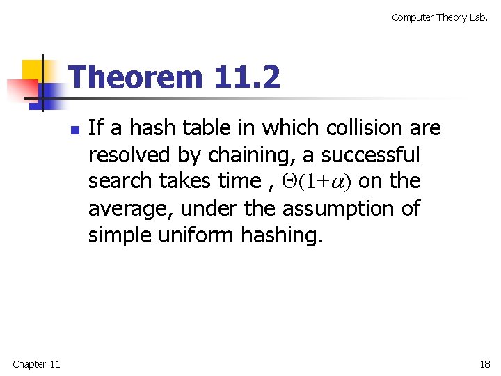 Computer Theory Lab. Theorem 11. 2 n Chapter 11 If a hash table in