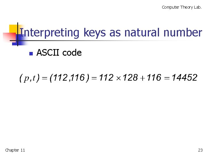 Computer Theory Lab. Interpreting keys as natural number n Chapter 11 ASCII code 23