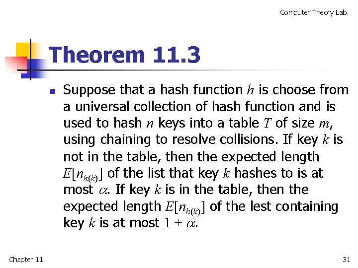 Computer Theory Lab. Theorem 11. 3 n Chapter 11 Suppose that a hash function