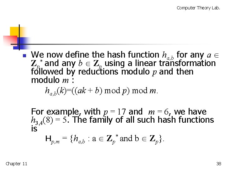 Computer Theory Lab. n We now define the hash function ha, b for any