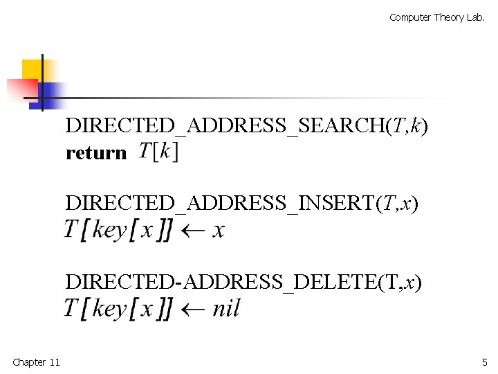 Computer Theory Lab. DIRECTED_ADDRESS_SEARCH(T, k) return DIRECTED_ADDRESS_INSERT(T, x) DIRECTED-ADDRESS_DELETE(T, x) Chapter 11 5 