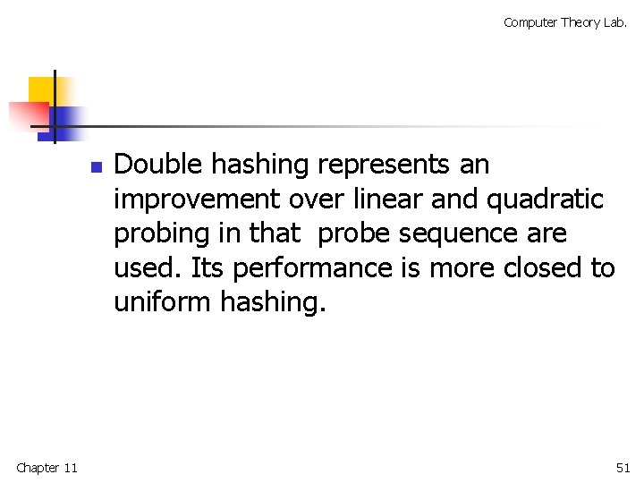 Computer Theory Lab. n Chapter 11 Double hashing represents an improvement over linear and