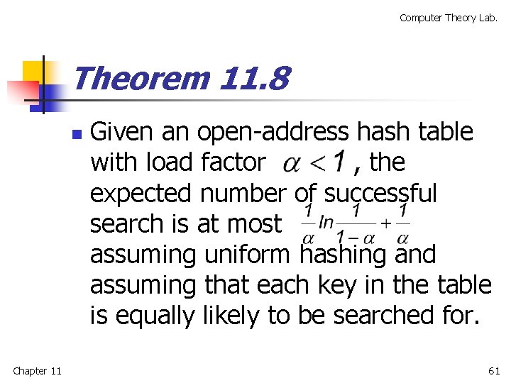 Computer Theory Lab. Theorem 11. 8 n Chapter 11 Given an open-address hash table
