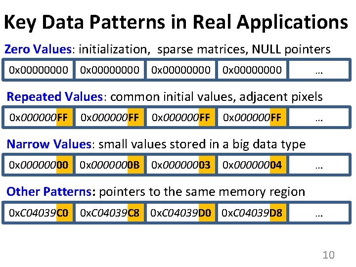 Key Data Patterns in Real Applications Zero Values: initialization, sparse matrices, NULL pointers 0