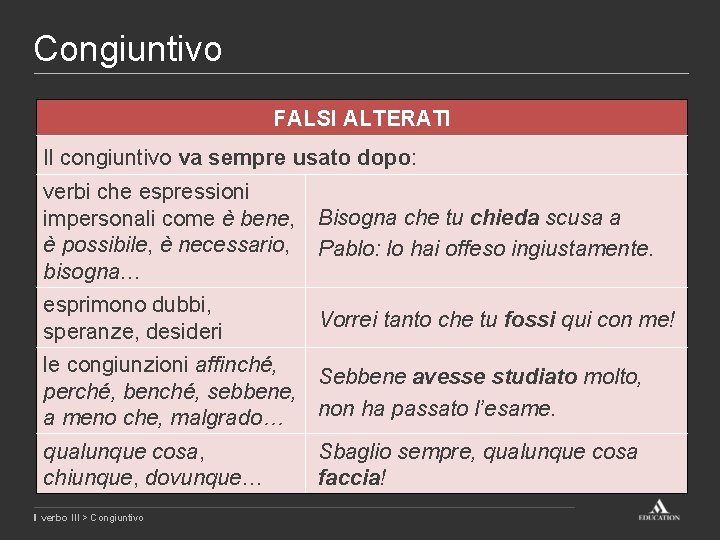Congiuntivo FALSI ALTERATI Il congiuntivo va sempre usato dopo: verbi che espressioni impersonali come