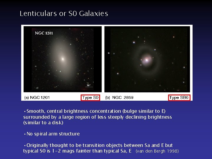 Lenticulars or S 0 Galaxies • Smooth, central brightness concentration (bulge similar to E)