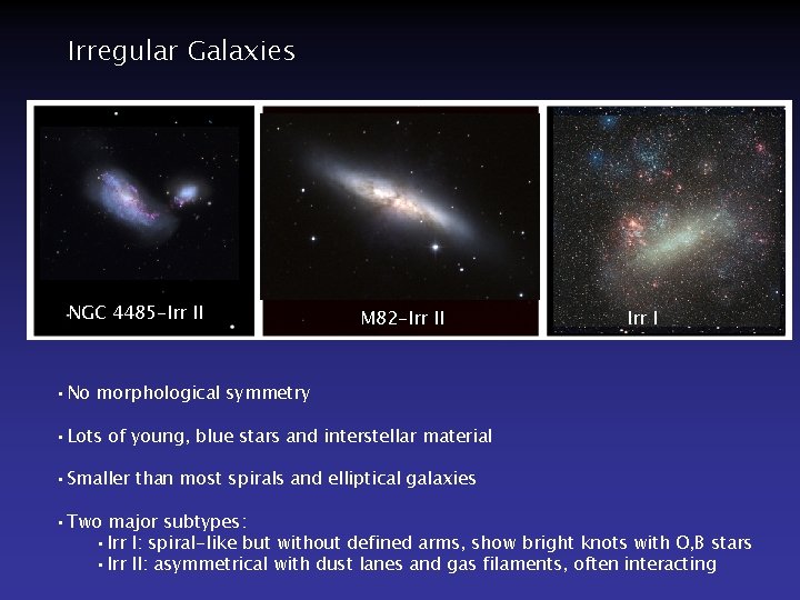 Irregular Galaxies NGC 4485 -Irr II M 82 -Irr II Irr I • No