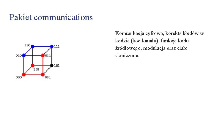 Pakiet communications Komunikacja cyfrowa, korekta błędów w kodzie (kod kanału), funkcje kodu źródłowego, modulacja