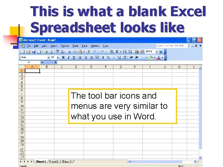 This is what a blank Excel Spreadsheet looks like The tool bar icons and