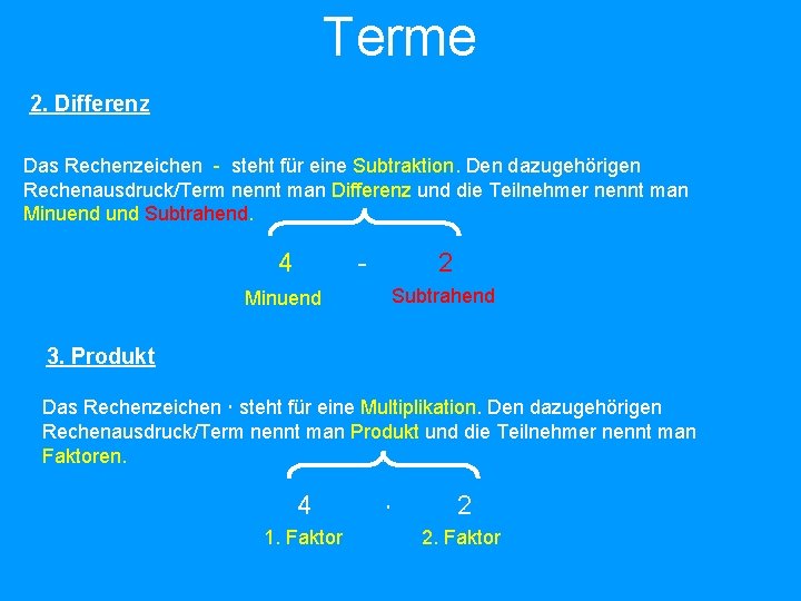 Terme 2. Differenz Das Rechenzeichen - steht für eine Subtraktion. Den dazugehörigen Rechenausdruck/Term nennt