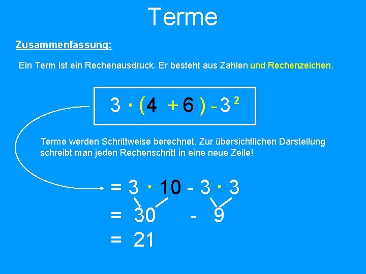 Terme Zusammenfassung: Ein Term ist ein Rechenausdruck. Er besteht aus Zahlen und Rechenzeichen. 2
