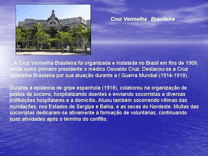 Cruz Vermelha Brasileira A Cruz Vermelha Brasileira foi organizada e instalada no Brasil em