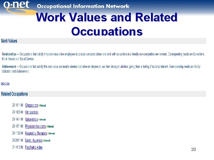 Work Values and Related Occupations 20 