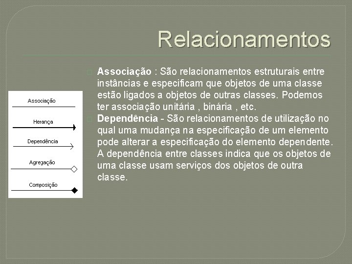 Relacionamentos � � Associação : São relacionamentos estruturais entre instâncias e especificam que objetos