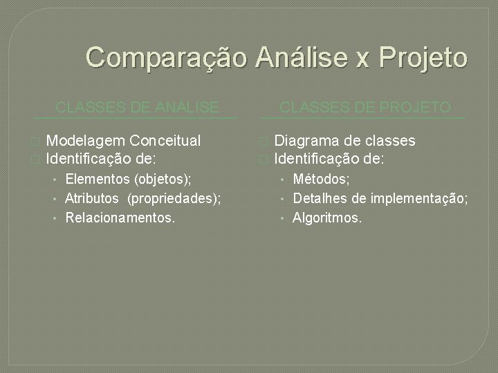 Comparação Análise x Projeto CLASSES DE ANÁLISE � � Modelagem Conceitual Identificação de: CLASSES