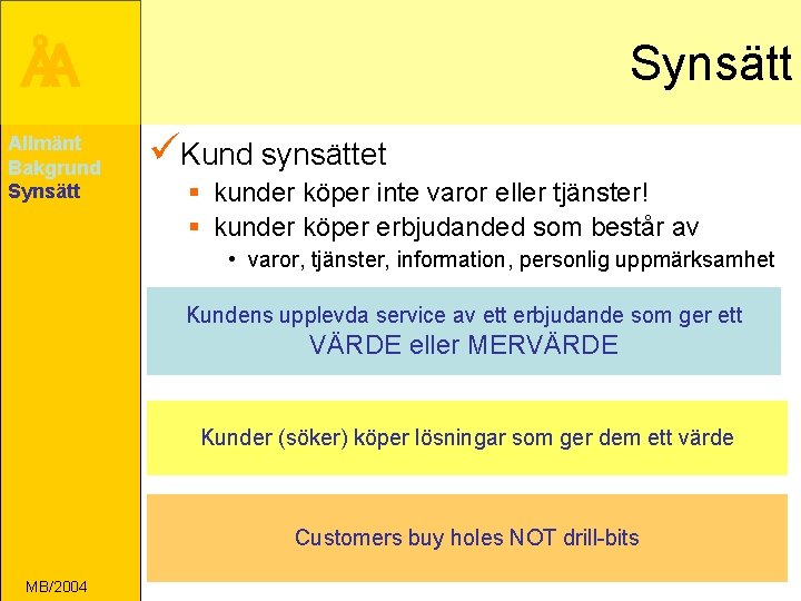 ÅA Allmänt Bakgrund Synsätt üKund synsättet § kunder köper inte varor eller tjänster! §