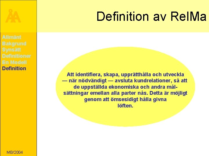 ÅA Definition av Rel. Ma Allmänt Bakgrund Synsätt Definitioner En Modell Definition Att identifiera,