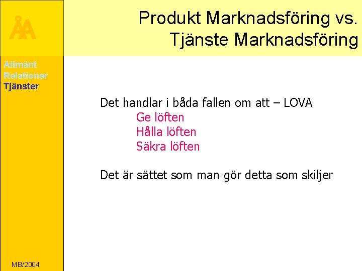 ÅA Produkt Marknadsföring vs. Tjänste Marknadsföring Allmänt Relationer Tjänster Det handlar i båda fallen