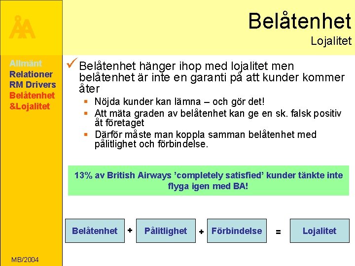 Belåtenhet ÅA Allmänt Relationer RM Drivers Belåtenhet &Lojalitet ü Belåtenhet hänger ihop med lojalitet