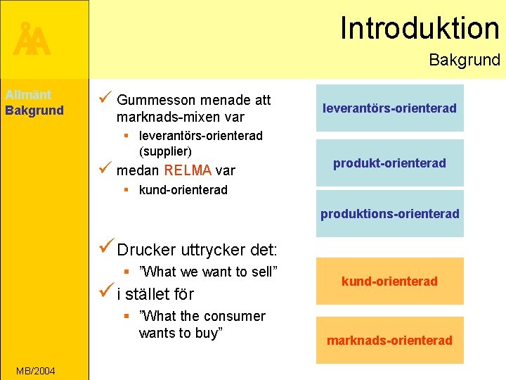 Introduktion ÅA Allmänt Bakgrund ü Gummesson menade att marknads-mixen var § leverantörs-orienterad (supplier) ü