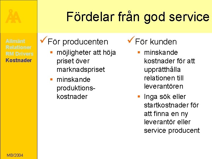 ÅA Allmänt Relationer RM Drivers Kostnader MB/2004 Fördelar från god service üFör producenten §