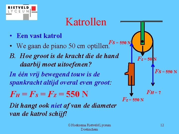 Katrollen • Een vast katrol FS = 550 N • We gaan de piano