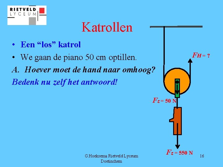 Katrollen • Een “los” katrol • We gaan de piano 50 cm optillen. A.