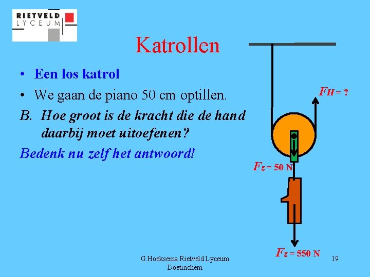 Katrollen • Een los katrol • We gaan de piano 50 cm optillen. B.