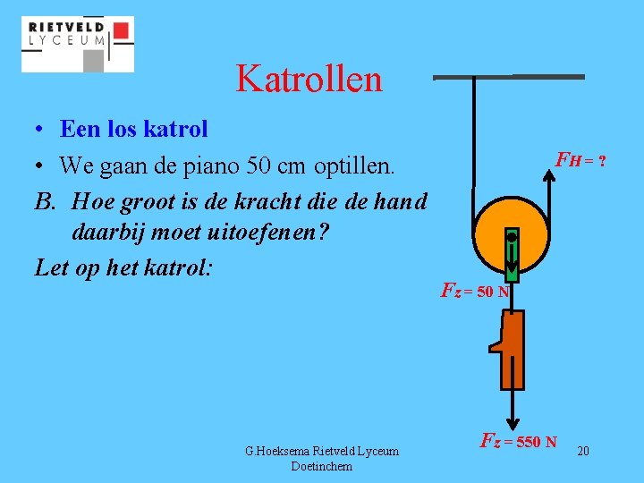Katrollen • Een los katrol • We gaan de piano 50 cm optillen. B.
