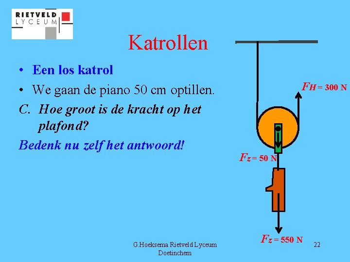 Katrollen • Een los katrol • We gaan de piano 50 cm optillen. C.