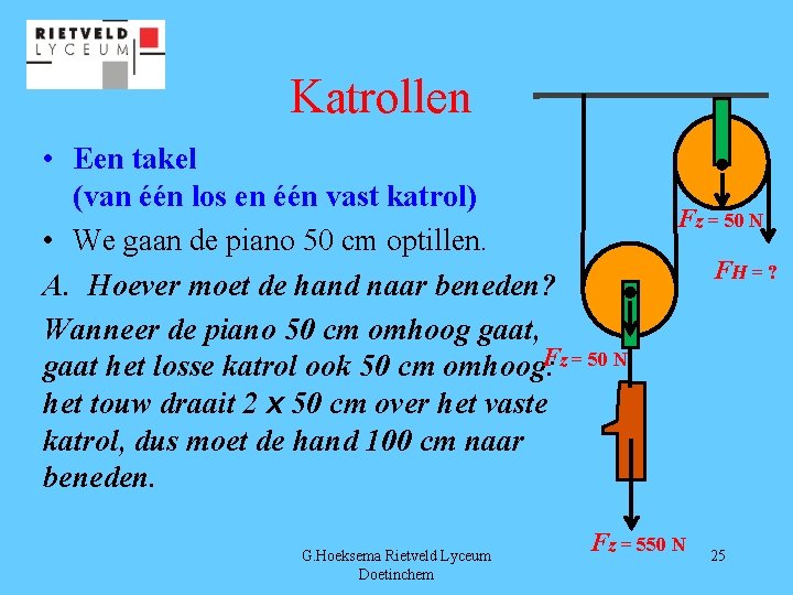 Katrollen • Een takel (van één los en één vast katrol) • We gaan