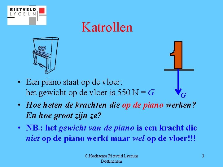Katrollen • Een piano staat op de vloer: het gewicht op de vloer is