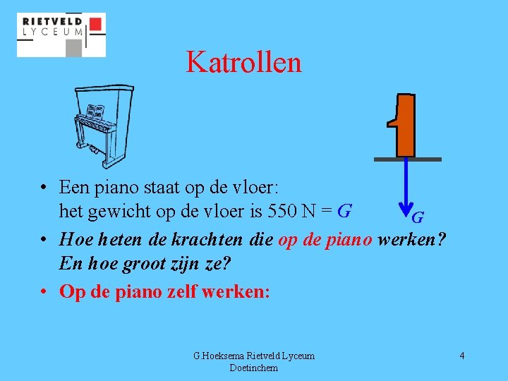 Katrollen • Een piano staat op de vloer: het gewicht op de vloer is