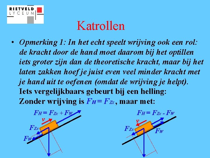 Katrollen • Opmerking 1: In het echt speelt wrijving ook een rol: de kracht