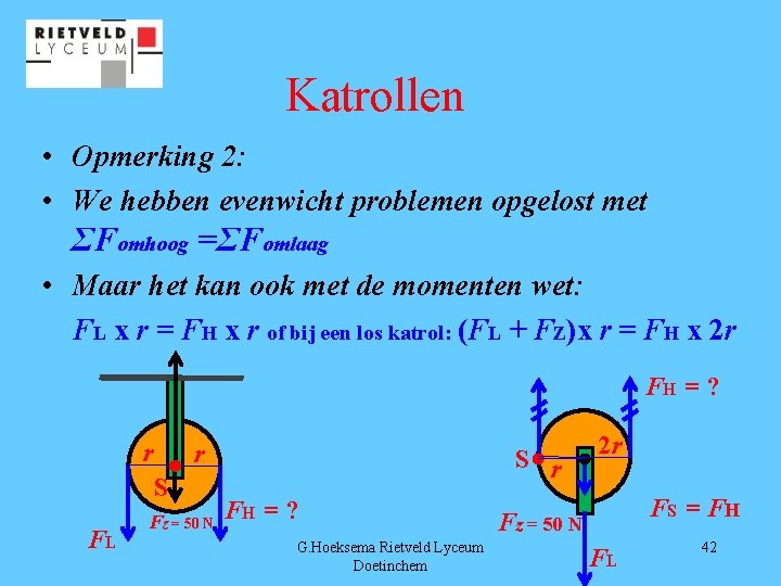 Katrollen • Opmerking 2: • We hebben evenwicht problemen opgelost met ΣFomhoog =ΣFomlaag •