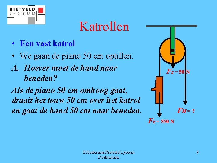 Katrollen • Een vast katrol • We gaan de piano 50 cm optillen. A.