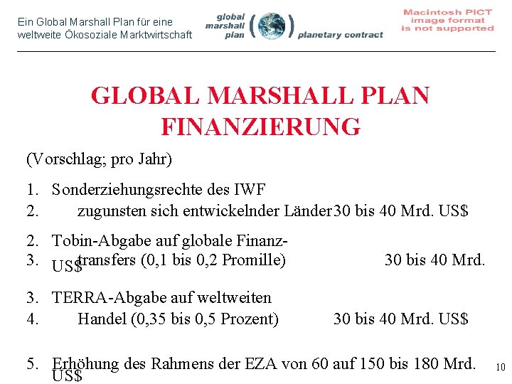 Ein Global Marshall Plan für eine weltweite Ökosoziale Marktwirtschaft GLOBAL MARSHALL PLAN FINANZIERUNG (Vorschlag;
