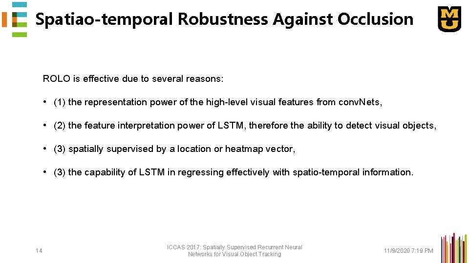 Spatiao-temporal Robustness Against Occlusion ROLO is effective due to several reasons: • (1) the