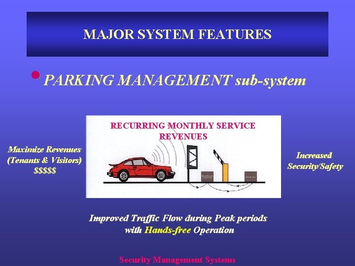 MAJOR SYSTEM FEATURES • PARKING MANAGEMENT sub-system RECURRING MONTHLY SERVICE REVENUES Maximize Revenues (Tenants