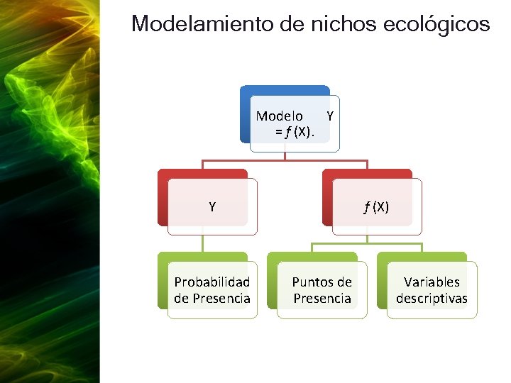 Modelamiento de nichos ecológicos Modelo Y = f (X). Y Probabilidad de Presencia f
