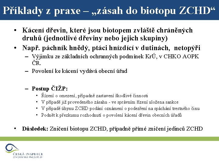 Příklady z praxe – „zásah do biotopu ZCHD“ • Kácení dřevin, které jsou biotopem