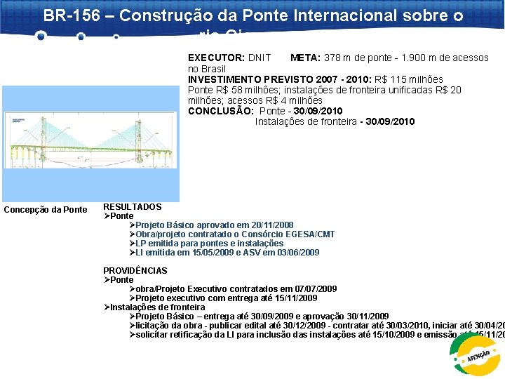 BR-156 – Construção da Ponte Internacional sobre o rio Oiapoque EXECUTOR: DNIT META: 378